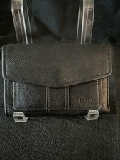 Vintage Fossil Black Leather Tri Fold Wallet w/ Zippered Coin Compartment