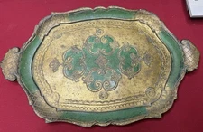 Vintage Florentine Blue gold Gilt Wood Rectangular tray Firenze 12" x 7.25"