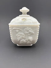 Vtg Westmoreland Milk Glass Covered Candy Dish Paneled Grape Pattern w/Sticker