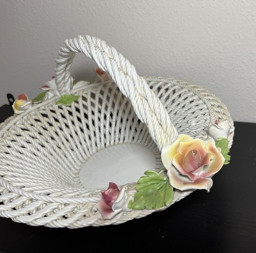 Vintage Ceramic Iron Round Flowered Basket Braided Handle White Italy - Picture 3 of 12