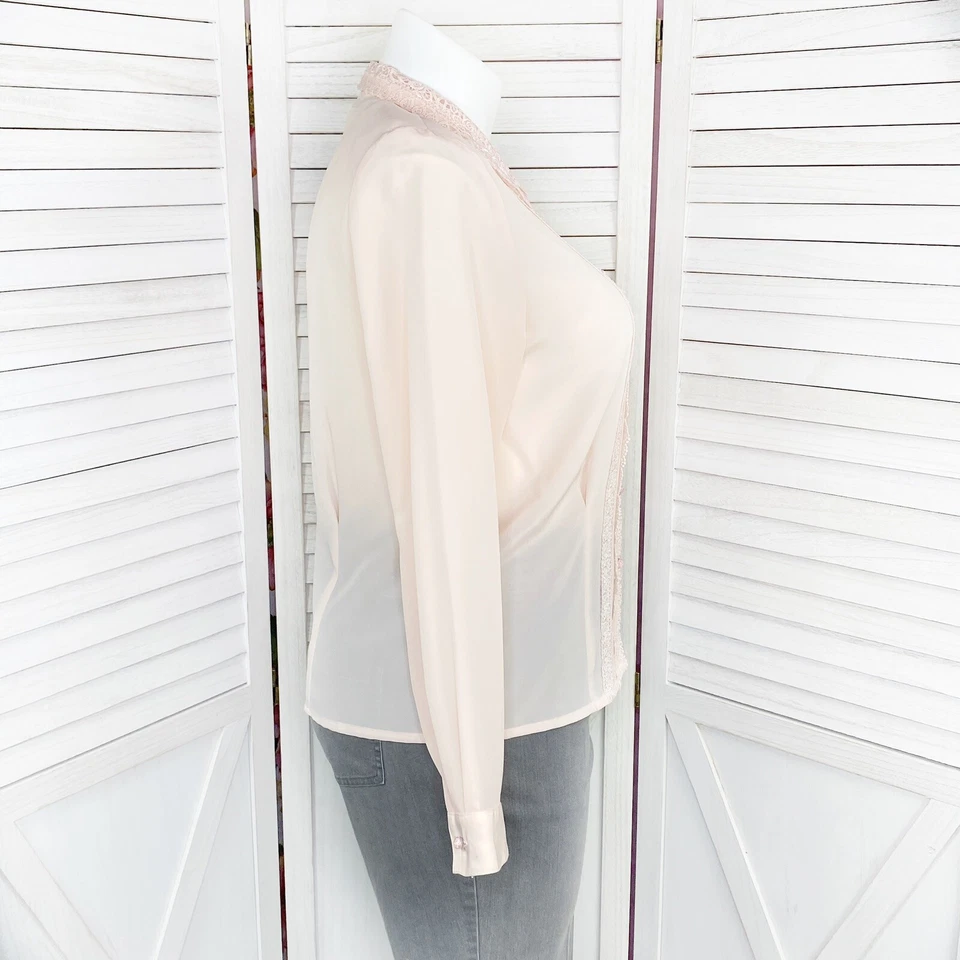 Blusa vintage Kathy Che para mujer 12 pliegues de encaje transparente rosa melocotón delantero Foto 4 de 4