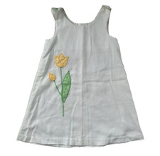 VTG Girls A Line Jumper Dress White Tulip w/Gingham Applique Buttons FLAWS Sz 