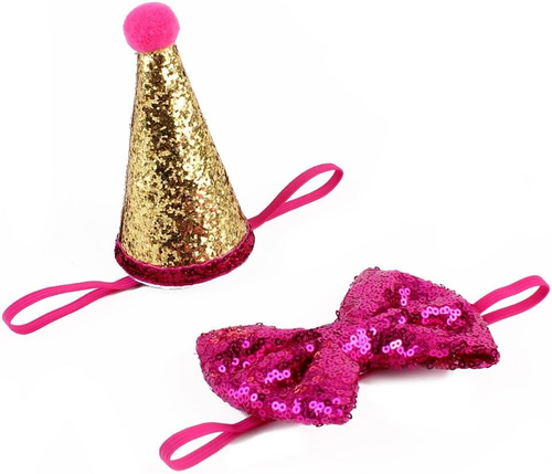 Pet Cute Birthday Party Cone Hat and Bow Tie Collar Set with Adjustable Headband