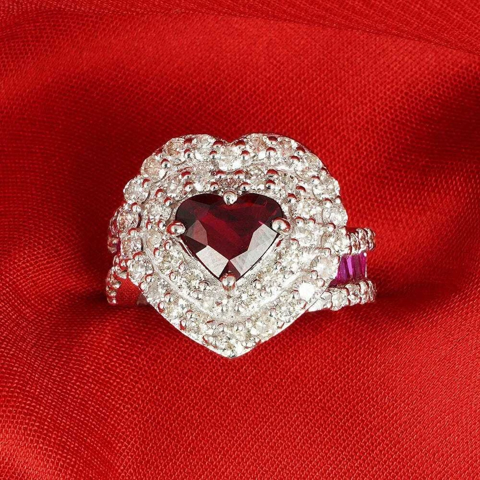 Heart Cut Red 2.11CT Ruby, White 2.84CT CZ & Pink Baguette Cut Sapphire Ring - Image 3 of 4