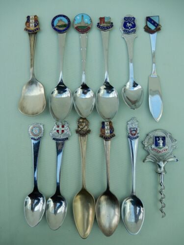 Lot of 12 Vintage EPNS & Chrome Plate Collectors Crested Souvenir Tea Spoons etc