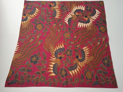 Stunning cotton square tablecloth in batik style deep red with exotic birds