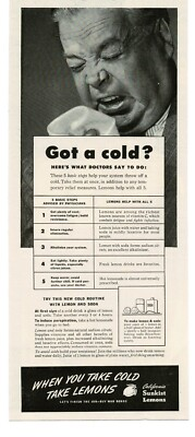 #ad 1945 Sunkist Lemons Lemon amp; Soda For Colds WWII Vintage Print Ad 2 $8.95