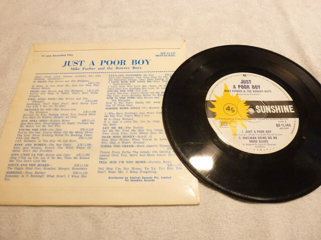 Mike Furber Just A Poor Boy 7" 45RPM Aust EP Sunshine Records – QX-11,143 Mono - image 2 of 2