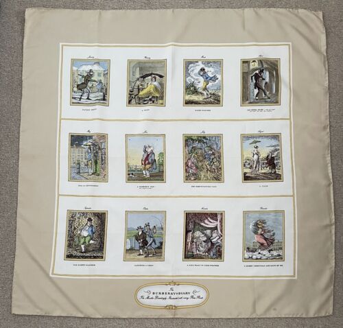 BURBERRY. CRISP VINTAGE SILK SCARF- BURBERRY DIARY -THE MONTHS ILLUSTRATED - Afbeelding 1 van 11