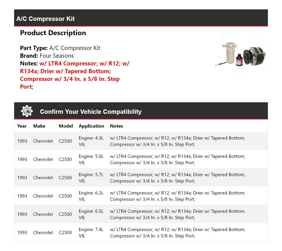 Kit de compresor de aire acondicionado para Chevrolet C2500 1993 4 estaciones Foto 2 de 4