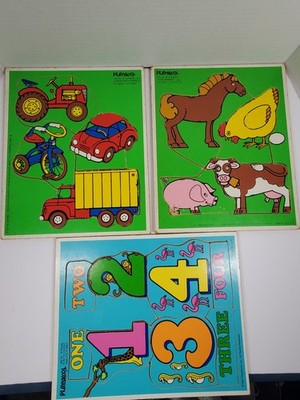 Vtg Playskool Wooden Puzzle Lot Of (3) Farm Animals Things W Wheels Fun To Count