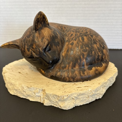 Maigon Daga Sleeping Cat Stoneware Porcelain On Base Brown Speckled Doorstop - Picture 1 of 11