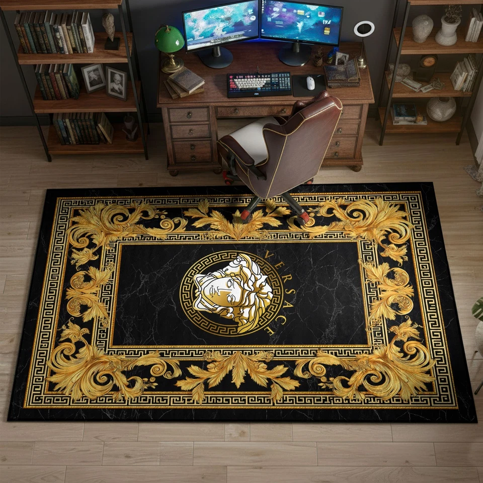 Alfombra Versace Negra Dorada, Alfombra Llave Griega, Decoración Estilo Versace Ornamentada Foto 2 de 4