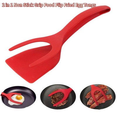 2 in 1 Non Stick Grip Food Flip Fried Egg Tongs Toasted Bread Pancakes Spatula C