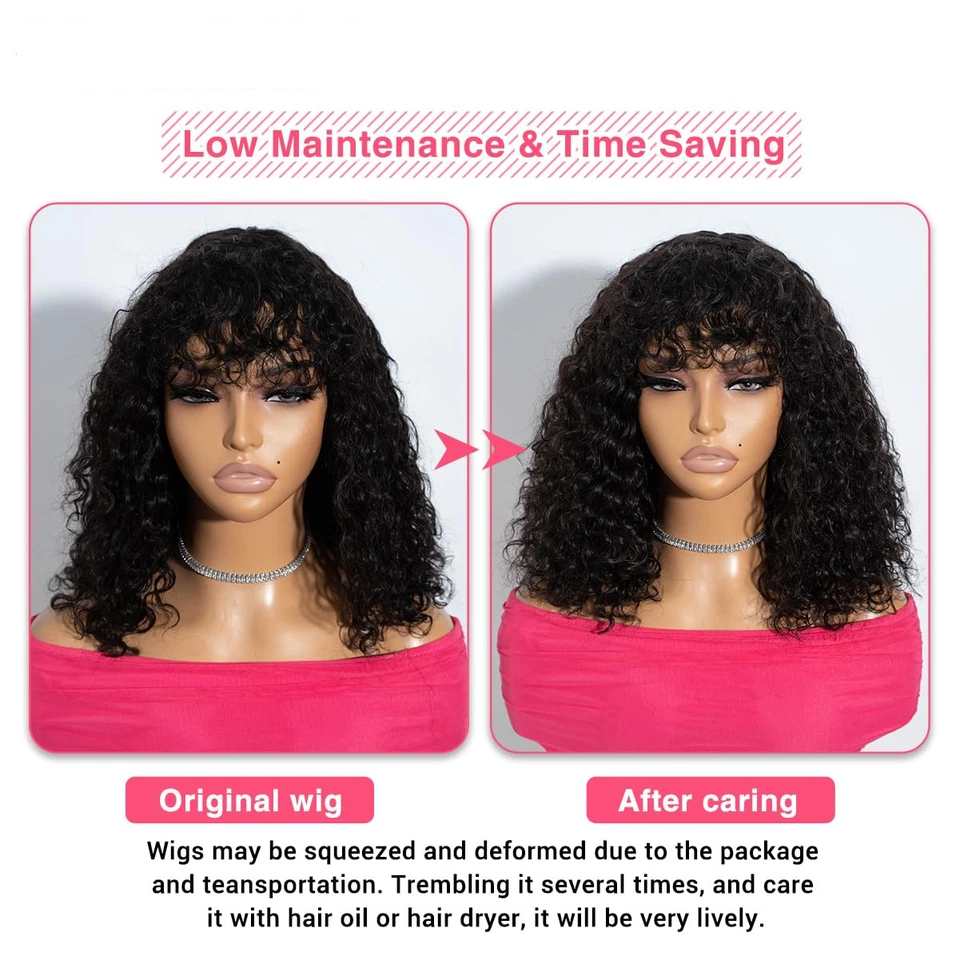 Peluca Bob Rizado 14" con Flequillo Cabello Humano Sin Pegamento Color Natural Foto 3 de 4