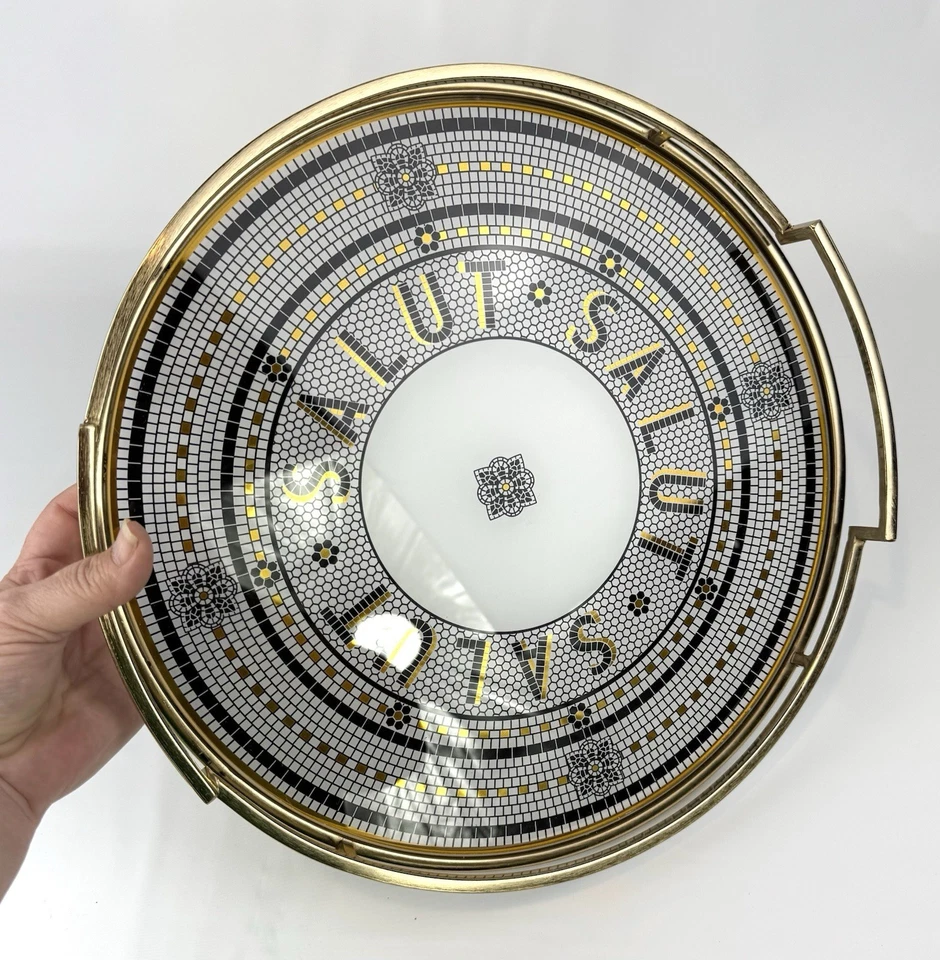 Anthropologie THE BISTRO BANDEJA REDONDA Azulejo de vidrio y hierro Metal 14” Barra Servicio Dorado Foto 3 de 4
