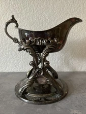 Vintage F.B. ROGERS SILVER Plated Tilting Gravy Sauce Boat w/Candle Warmer Stand