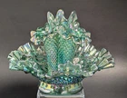 Vtg Fenton Glass Carnival Iridescent Teal Hobnail Ruffle 3 Triple Horn Epergne