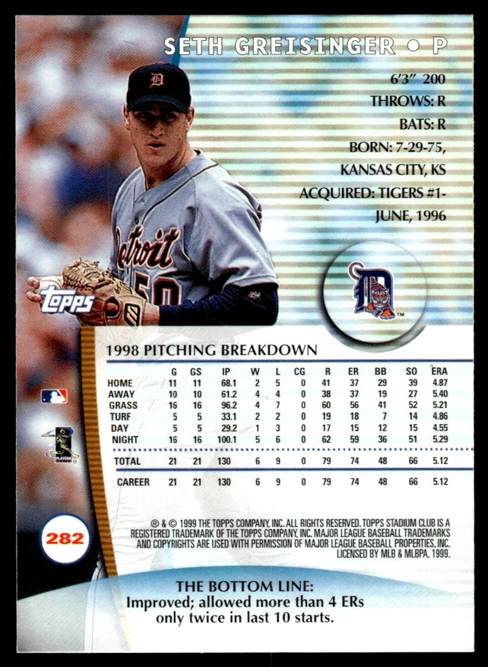 1999 Stadium Club Seth Greisinger Detroit Tigers #282 - Image 2 of 2