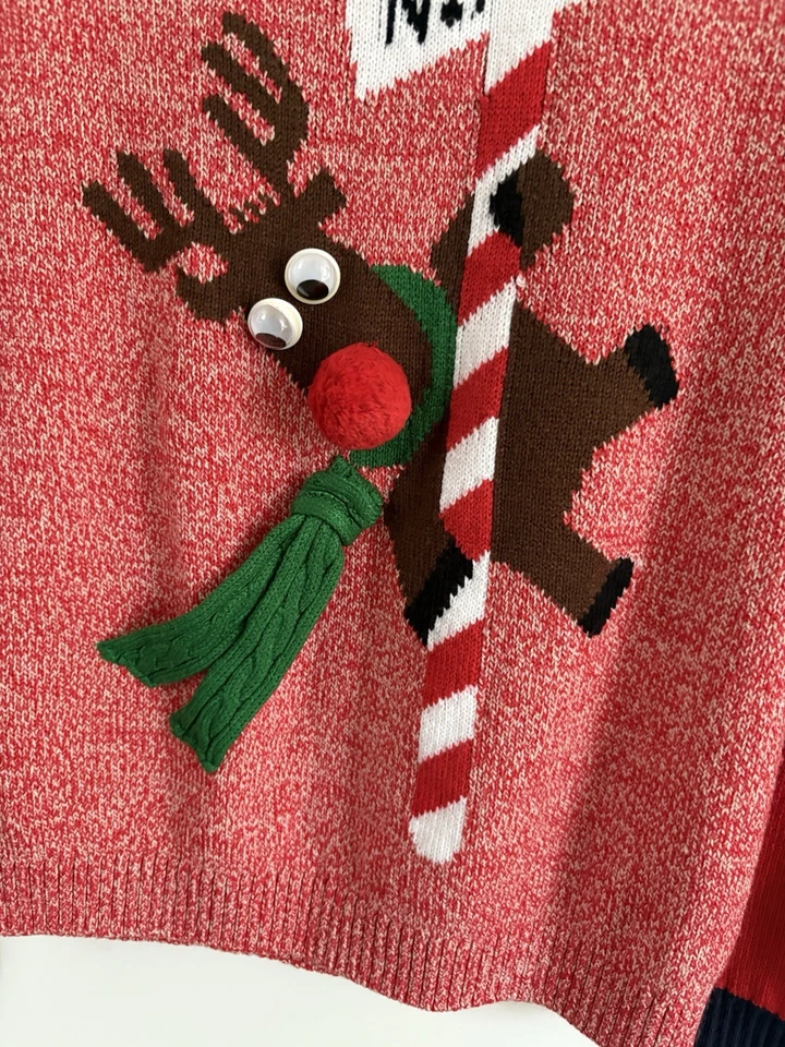 Ladies Next Christmas Jumper Size 6 Knitted Red North Pole 3D Nose VGC - Image 3 of 4