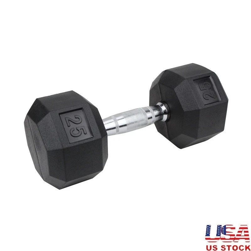 Rubber Coated Hex Dumbbells Chrome Handle 25 lb Weight Training Fitness New