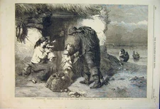 Original Old Antique Print 1857 Fishermans Return Family House British Artists