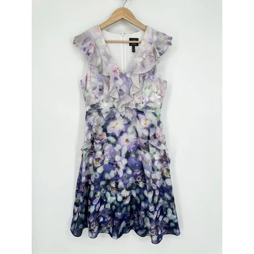 Adrianna Papell Ombre Floral Dress Satin Ruffle Sleeveless Midi Purple, Size 8 - Picture 1 of 10