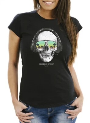 NEVERLESS Damen T-Shirt Totenkopf Kopfhörer Musik Party Skull Sonnenbrille Schädel Sounds