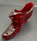 Fenton Art Glass Ruby Red Hobnail Cat Head Slipper Shoe Figurine Vintage
