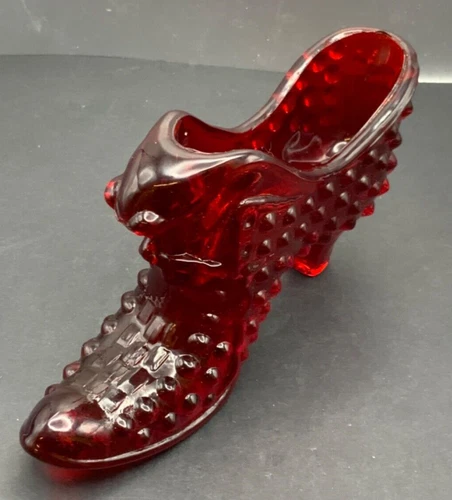 Fenton Art Glass Ruby Red Hobnail Cat Head Slipper Shoe Figurine Vintage