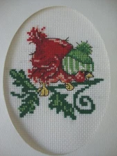 COMPLETED FINISHED CROSS STITCH CARD "RED BIRD WITH GREEN HAT"