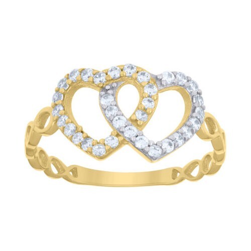 Anillo de doble corazón de circonita cúbica de oro blanco o amarillo de 10kt para mujer - Imagen 1 de 3