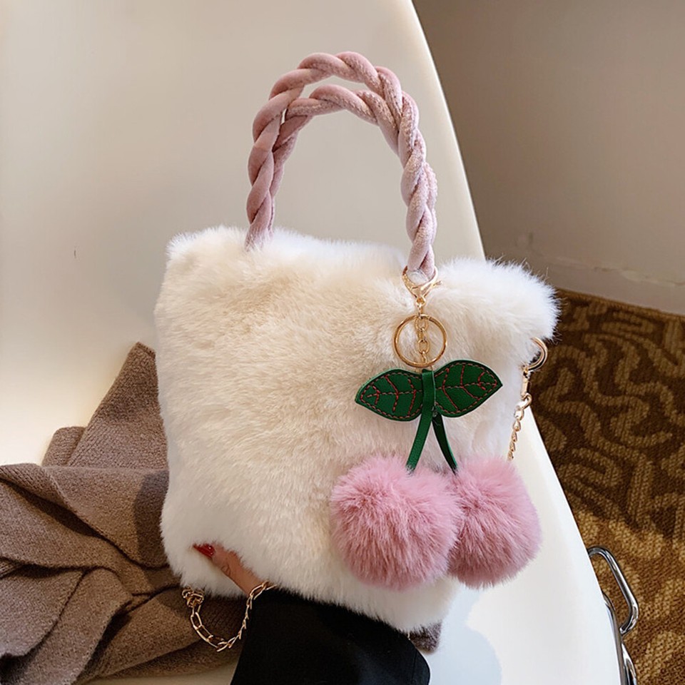 Plush Cherry Bucket Bag Casual Crossbody Bag Portable Chain Soft Cute