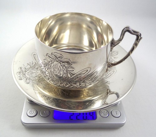 Antique French Sterling Silver Minerva Cup & Saucer Monogram JV 220.4 Grams - Picture 12 of 21