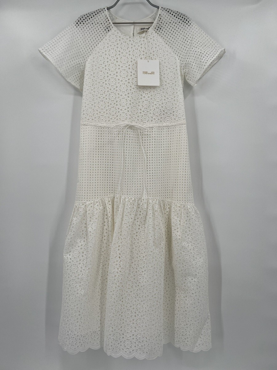 white cotton broderie anglaise midi dress Jaclyn Cotton Midi Dress in White Ivory