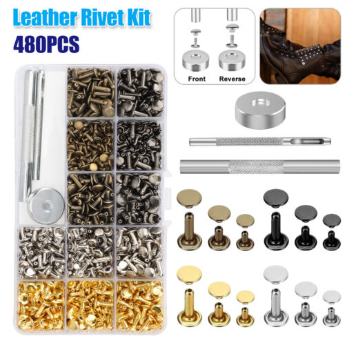 480PCS DIY Leather Craft Rivet Double Cap Tubular Metal Studs Punch Tool Kit Set - Picture 1 of 5