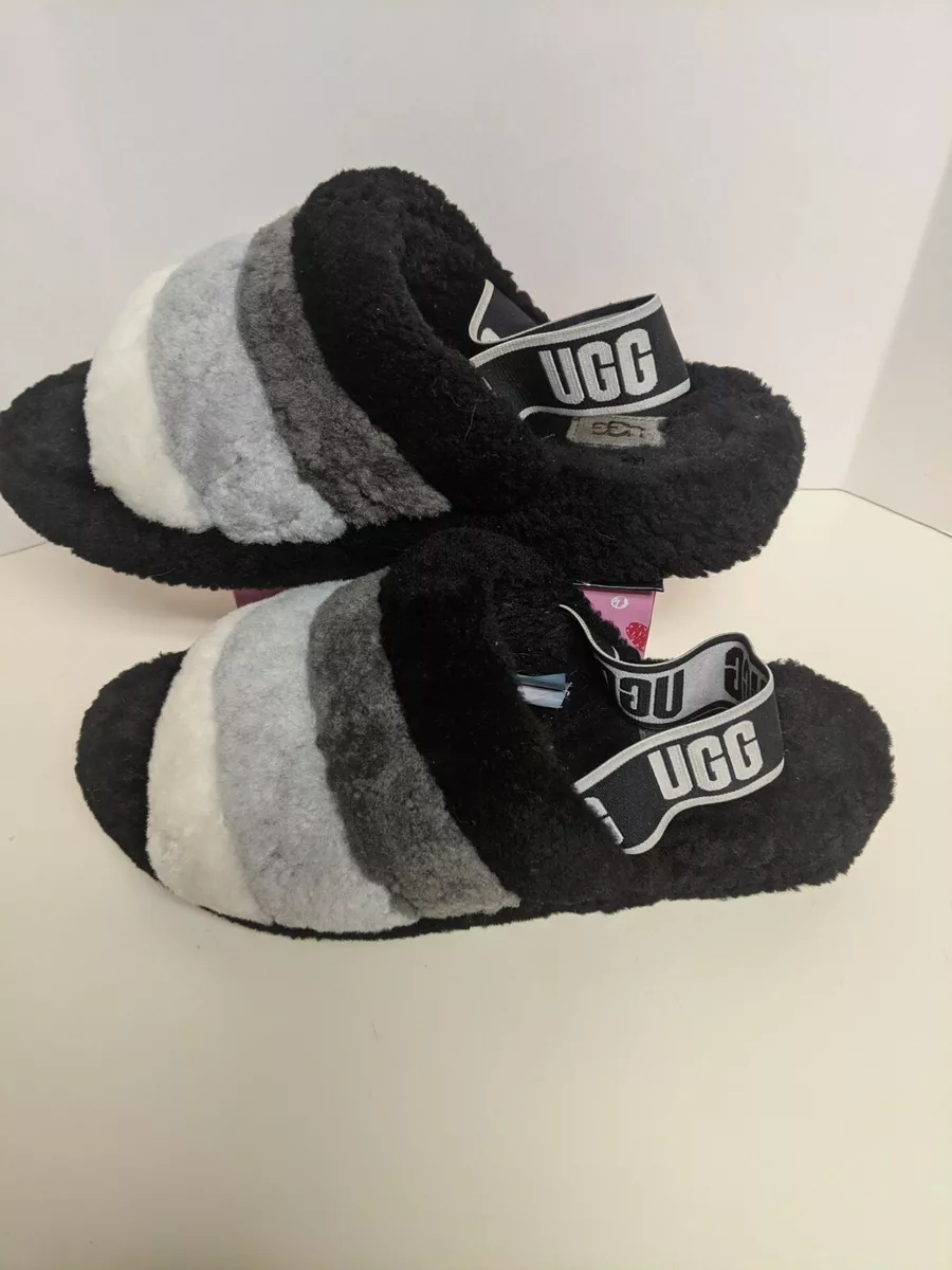 UGG FLUFF YEAH SLIDE RAINBOW WOMEN SANDAL BLACK MULTI COLOR Sz 9 PERFECT 4 FALL