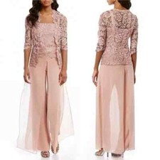 Pink Mother Of The Bride Dresses Sheath Chiffon Lace With Jacket Pants Suit