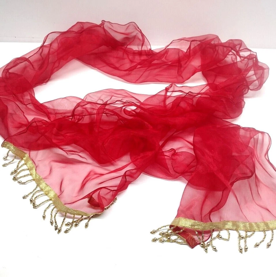 Chair Sash Red Beaded Gold Bow Table Runner Holiday Sheer  12"x106" Set 3 - Image 2 of 4