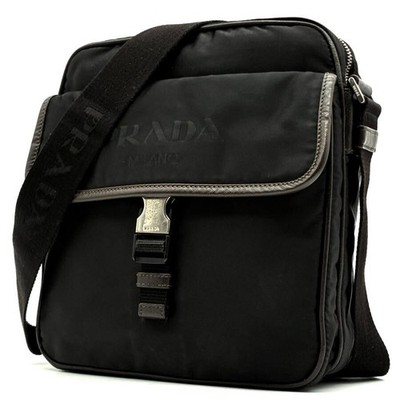 PRADA Nylon Saffiano Leder Logo Platte schwarz Crossbody Schultertasche authe...