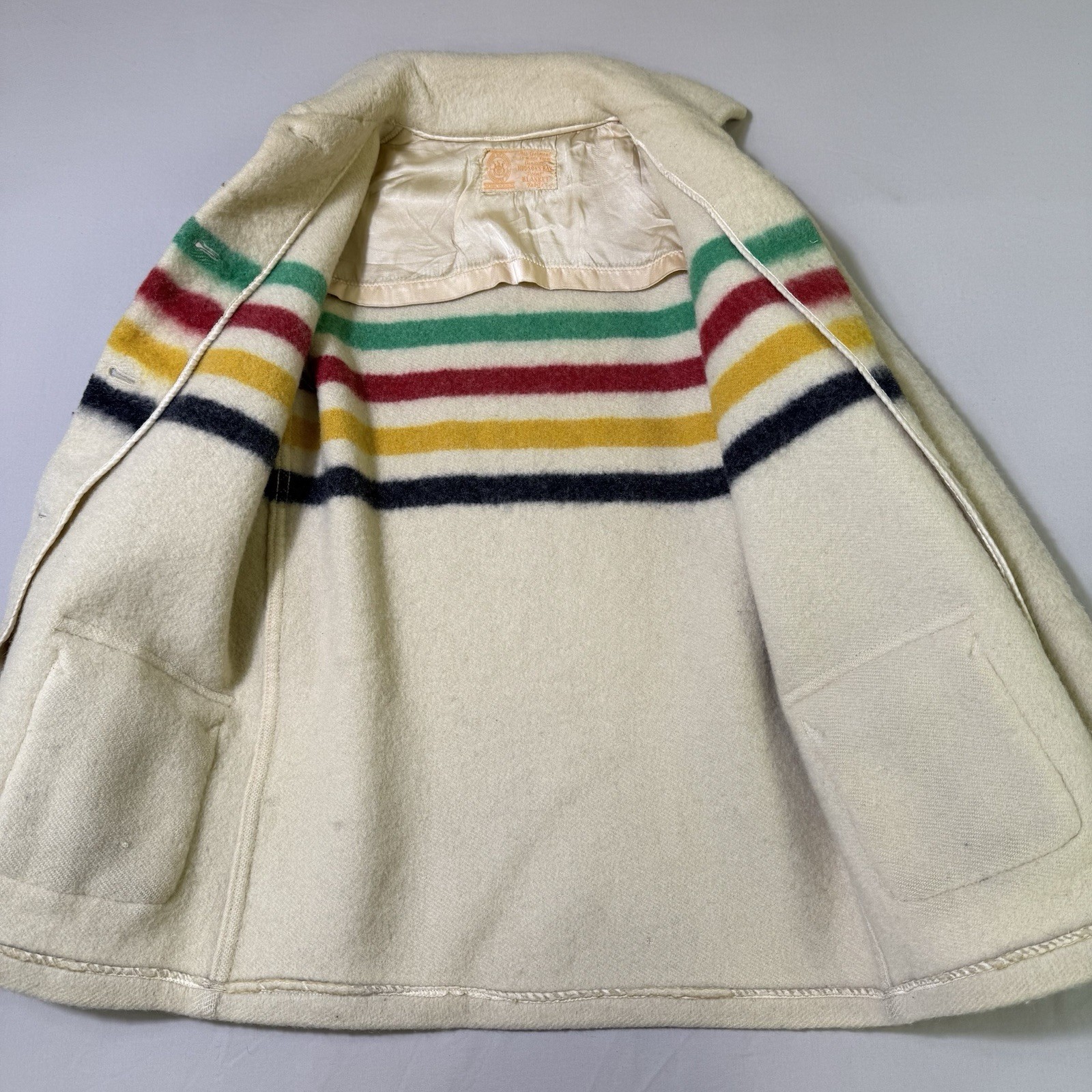 VTG Hudson's Bay Co Wool Point Blanket Jacket Coat Rainbow Stripes 50s 60s