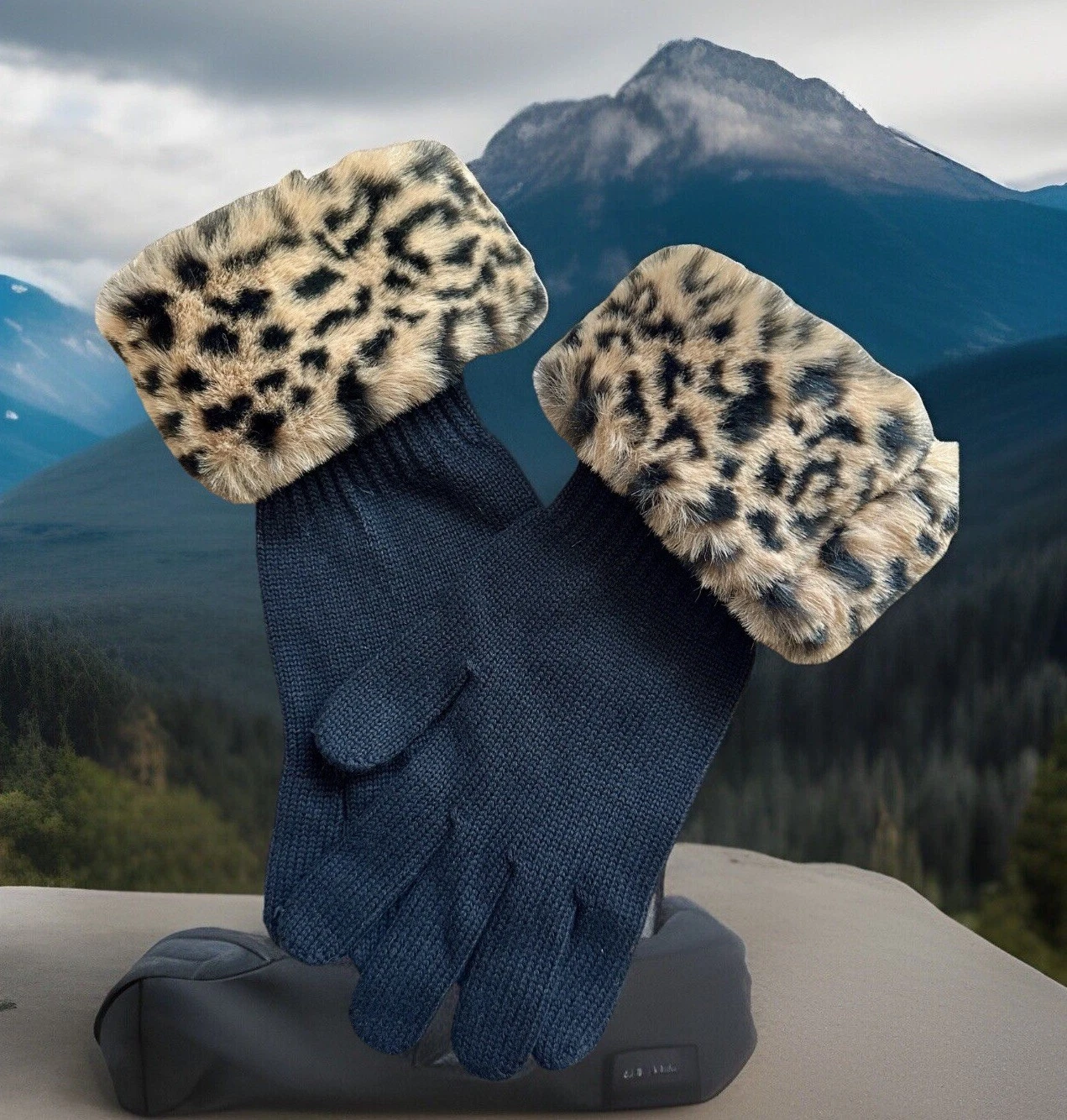 Vtg Dillard’s Women's Gloves Black Modal / Cotton Knit Faux Fur Cuff Brown S/M