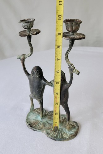 Vintage Dancing Frogs on Lily Pad Double Candle Stick Holder Cast Bronze Patina - Picture 16 of 17
