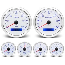 6 Gauge Set- 85mm -3/8" GPS Speedometer 120MPH, Tachometer, 52mm 2-1/16" White