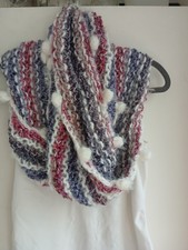 Knitted Scarf..Handmade..Long Infinity.. Striped In Blue Pink White