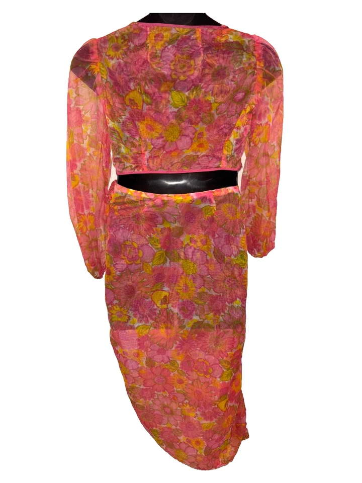 Bonito conjunto de complejo de encubrimiento retro transparente floral psicodélico de los años 70 vintage de dos piezas Foto 3 de 4