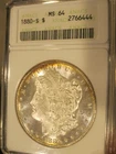 1880 S Morgan Silver Dollar - Old ANACS holder, MS 64, gold toning 5212