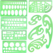 9-Piece Drawing Templates French Curve Geometric Rulers - Clear Green Plastic
