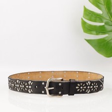Lucky Brand Womens Belt Size Small Black Leather Boho Studded Floral Decoupage