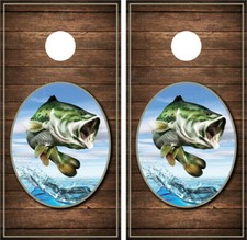 Bass Jumping 2 Wood Background Fishing Cornhole Board Wraps Decals Skins